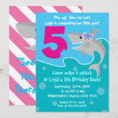 Meisje Shark Bite Uitnodigen - 5e verjaardagsfeest Kaart (Voorkant / Achterkant)