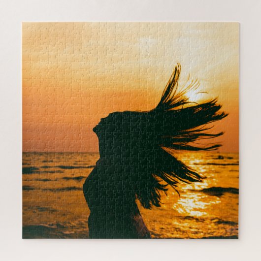 Meisje silhouet, zee zonsondergang, vrijheid. legpuzzel (Verticaal)