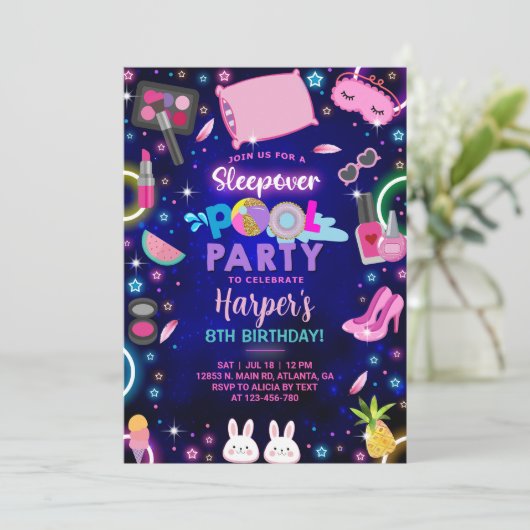 Meisje sleepover zwembad feestje verjaardag uitnod kaart (Staand voorkant)