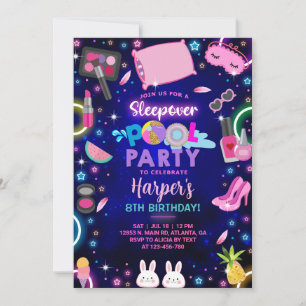 Meisje sleepover zwembad feestje verjaardag uitnod kaart
