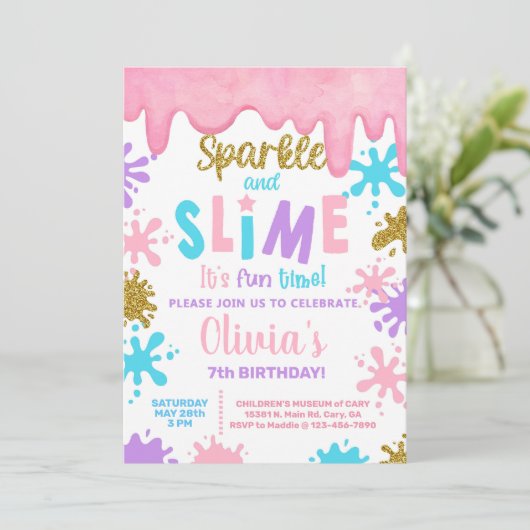 Meisje slime verjaardagsfeest uitnodiging, Slime. Kaart (Staand voorkant)