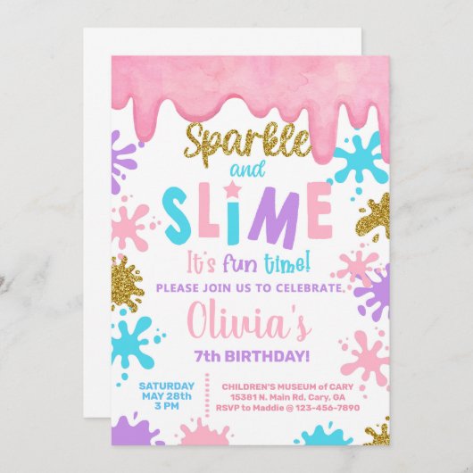 Meisje slime verjaardagsfeest uitnodiging, Slime. Kaart (Voorkant / Achterkant)