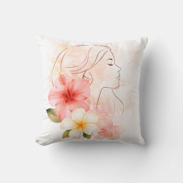 Meisje sluit haar ogen watercolor bloem kussen (Voorkant)