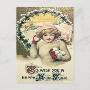 Meisje sneeuwbal sneeuw Holly krans Briefkaart