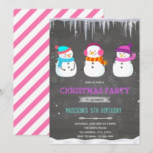Meisje sneeuwman verjaardag uitnodiging (Voorkant / Achterkant)