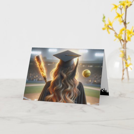 Meisje Softbal Speler Afstuderen met Fiery Bat Kaart (Gele Bloem)