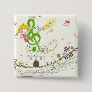 Meisje speelt met muzieknotities thuis vierkante button 5,1 cm
