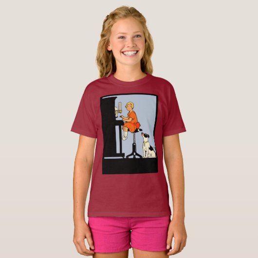 Meisje speelt piano, hond, retro stijl t-shirt (Voorkant volledig)