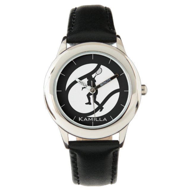Meisje spelen Tennis Gepersonaliseerd Zwart & Wit Horloge (Voorkant)
