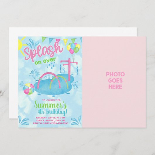 Meisje splash pad waterpark verjaardagsuitnodiging kaart (Voorkant / Achterkant)