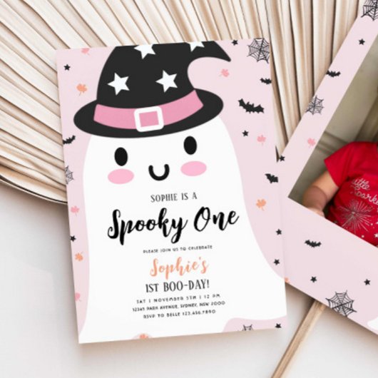Meisje Spooky One Hallowen Ghost Pink 1st Birthday Kaart