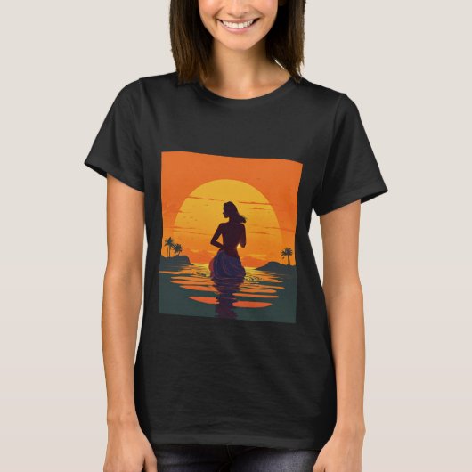 Meisje staat in water silhouet bij zonsondergang v t-shirt (Voorkant)