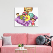 Meisje staat met opgestoken armen en jongens zitte canvas afdruk (Insitu (Woonkamer))