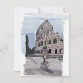 Meisje staat voor het Colosseum. Briefkaart