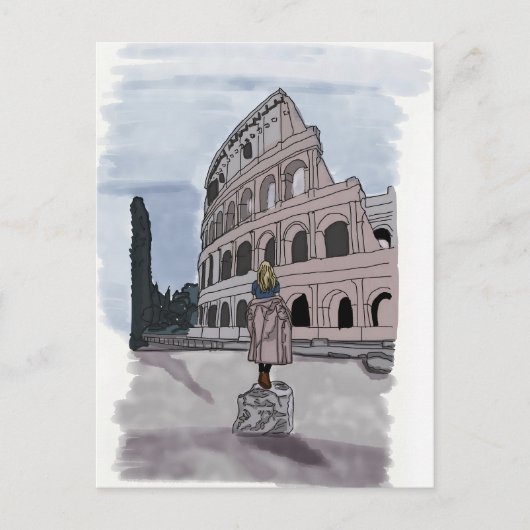 Meisje staat voor het Colosseum. Briefkaart (Voorkant)