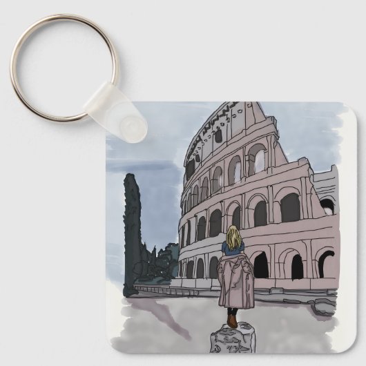 Meisje staat voor het Colosseum. Sleutelhanger (Voorkant)