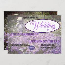 Meisje standbeeld met blauw violette phlox vergete kaart