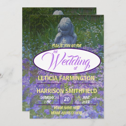 Meisje standbeeld met blauw violette phlox vergete kaart (Voorkant / Achterkant)