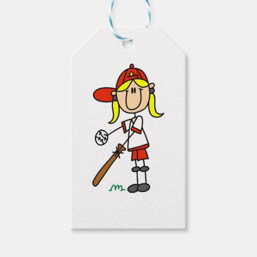 Meisje stick figuur honkbal omhoog bij vleermuis c cadeaulabel (Voorkant)