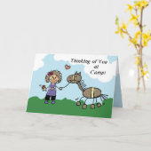 Meisje Stick Figuur Paard Camp Denken aan jou Kaart (Gele Bloem)