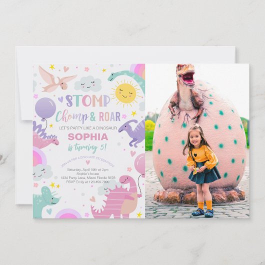 Meisje Stomp Chomp & Roar Dinosaurus Verjaardagsfo Kaart (Voorkant)