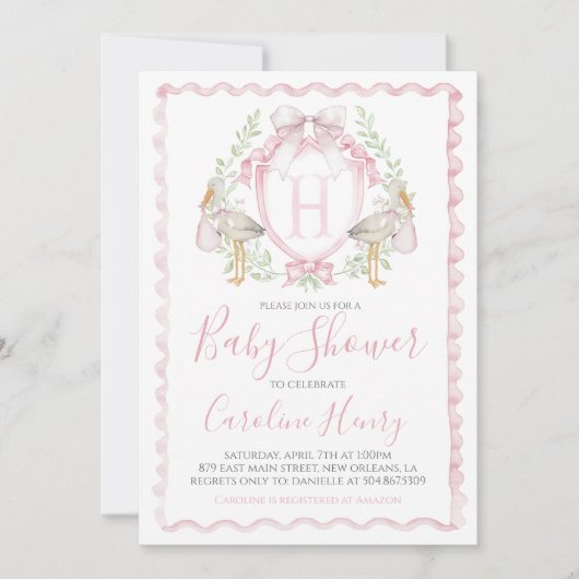 Meisje Stork Baby shower Preppy Gingham Roze Kaart (Voorkant)