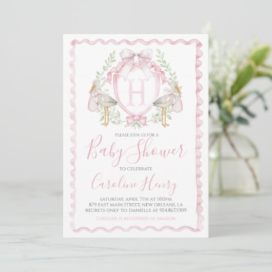 Meisje Stork Baby shower Preppy Gingham Roze Kaart (Staand voorkant)