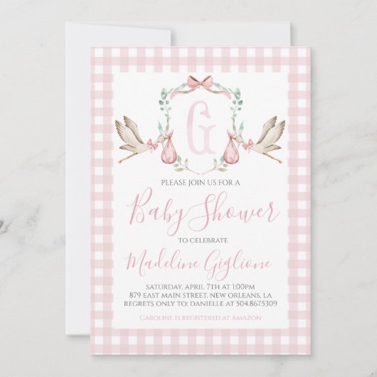 Meisje Stork Baby shower Preppy Gingham Roze Kaart (Voorkant)