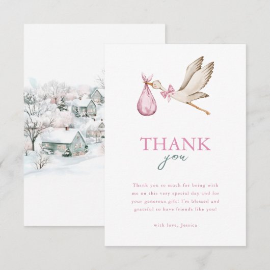 Meisje Stork Het duurt een Dorp Winter Baby shower Bedankkaart (Voorkant / Achterkant)