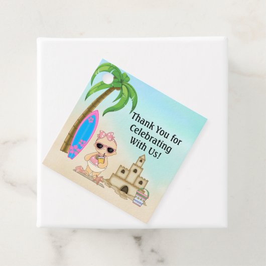 Meisje Strand Baby Sandcastle, Surfboard Baby show Bedankjes Labels (In situ)