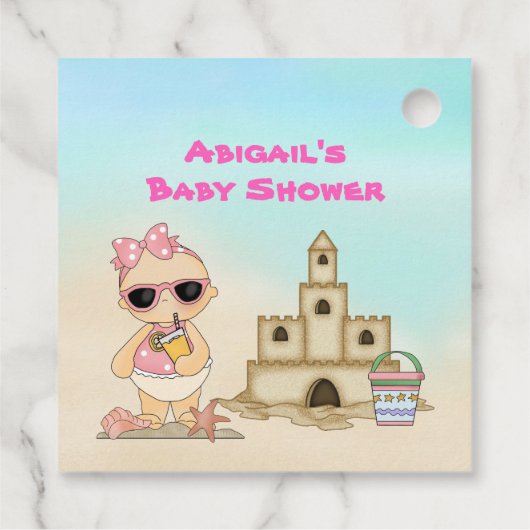 Meisje Strand Baby Sandcastle, Surfboard Baby show Bedankjes Labels (Achterkant)