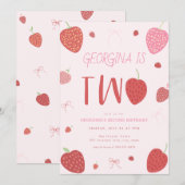 Meisje Strawberry Tweede Verjaardag Uitnodiging (Voorkant / Achterkant)
