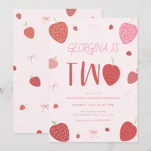 Meisje Strawberry Tweede Verjaardag Uitnodiging (Voorkant / Achterkant)