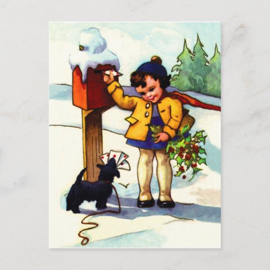 Meisje stuurt kerstgroetjes briefkaart (Voorkant)