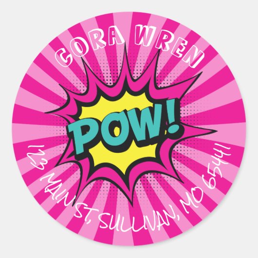 Meisje Super Hero adreslabel Ronde Sticker (Voorkant)