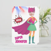 Meisje Superheld 💥 Actie Verjaardag Foto Kaart (Staand voorkant)