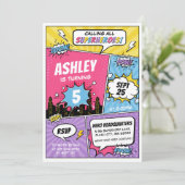 Meisje Superheld Comic Verjaardag Uitnodiging (Staand voorkant)