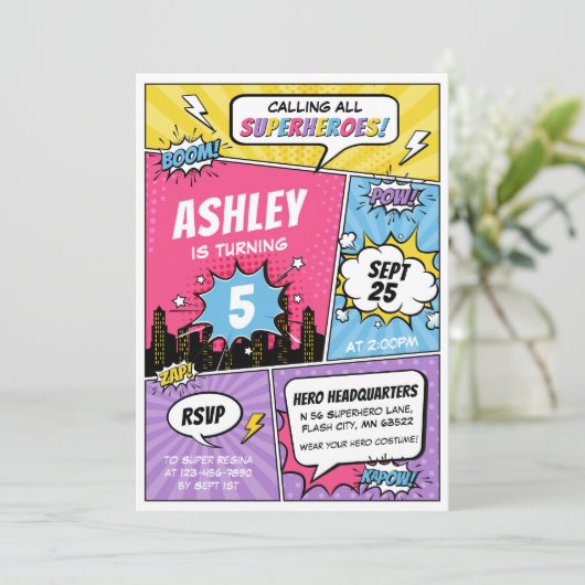 Meisje Superheld Comic Verjaardag Uitnodiging (Staand voorkant)