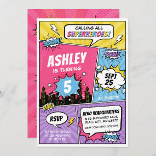 Meisje Superheld Comic Verjaardag Uitnodiging