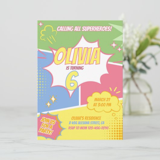 Meisje Superheld Verjaardag Uitnodiging Pastel Roz (Staand voorkant)