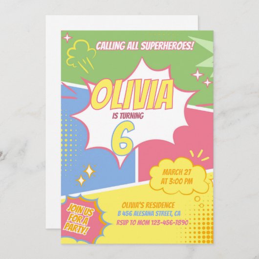 Meisje Superheld Verjaardag Uitnodiging Pastel Roz (Voorkant / Achterkant)
