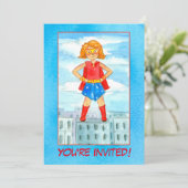 Meisje Superheld Verjaardagsfeestje Uitnodiging (Staand voorkant)