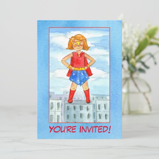 Meisje Superheld Verjaardagsfeestje Uitnodiging (Staand voorkant)