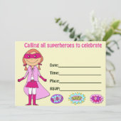 Meisje superheld verjaardagsuitnodiging invullen b kaart (Staand voorkant)