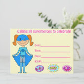 Meisje superheld verjaardagsuitnodiging invullen b kaart (Staand voorkant)
