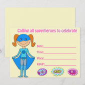 Meisje superheld verjaardagsuitnodiging invullen b kaart (Voorkant / Achterkant)