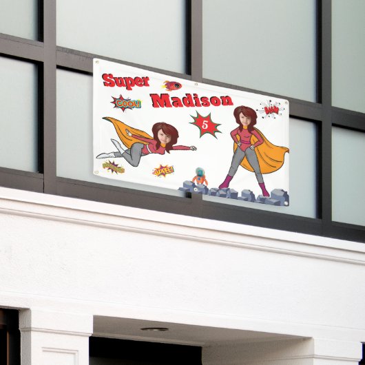 Meisje Superheld Vliegen 💥 Verjaardagsfoto Spandoek (Buitenkant Gebouw)