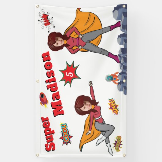 Meisje Superheld Vliegen 💥 Verjaardagsfoto Spandoek (Verticaal)