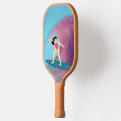 Meisje surfen bij zonsondergang pickleball paddle (Links)