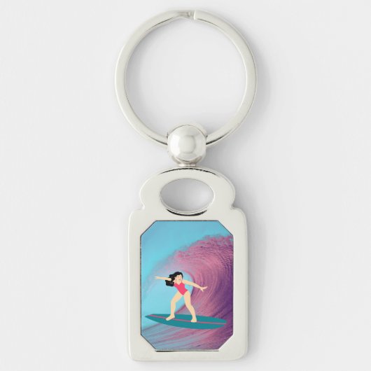 Meisje surfen bij zonsondergang sleutelhanger (Voorkant)